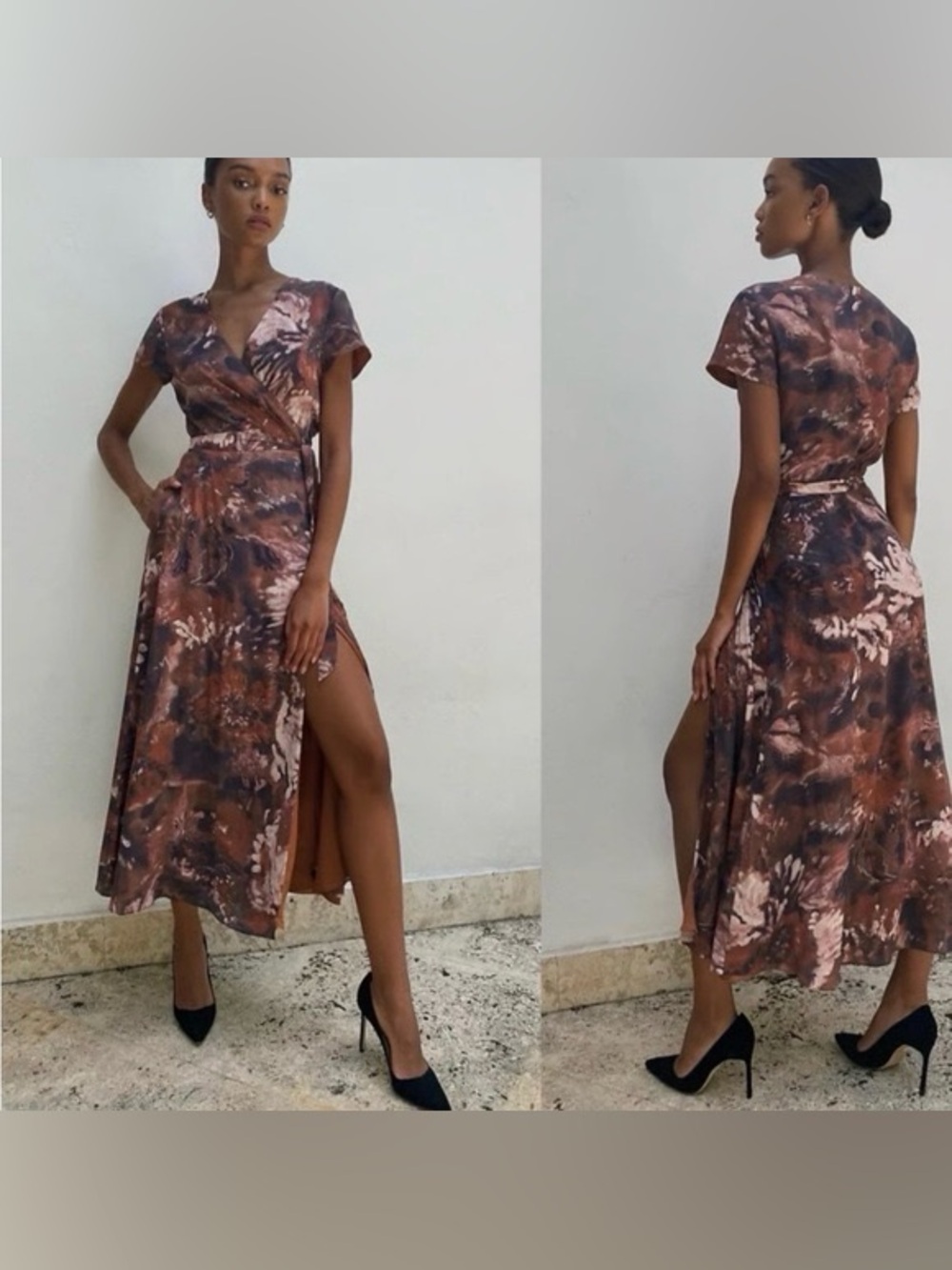 Babaton Brown Tie-Dye Wrap Midi Dress